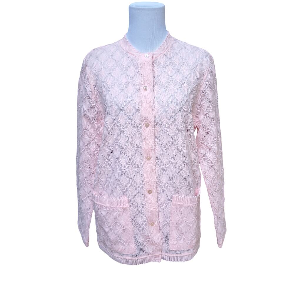 Vintage f.a.i. Pink Open Knit Acrylic Sweater Cardigan Japan Japanese Fits a M